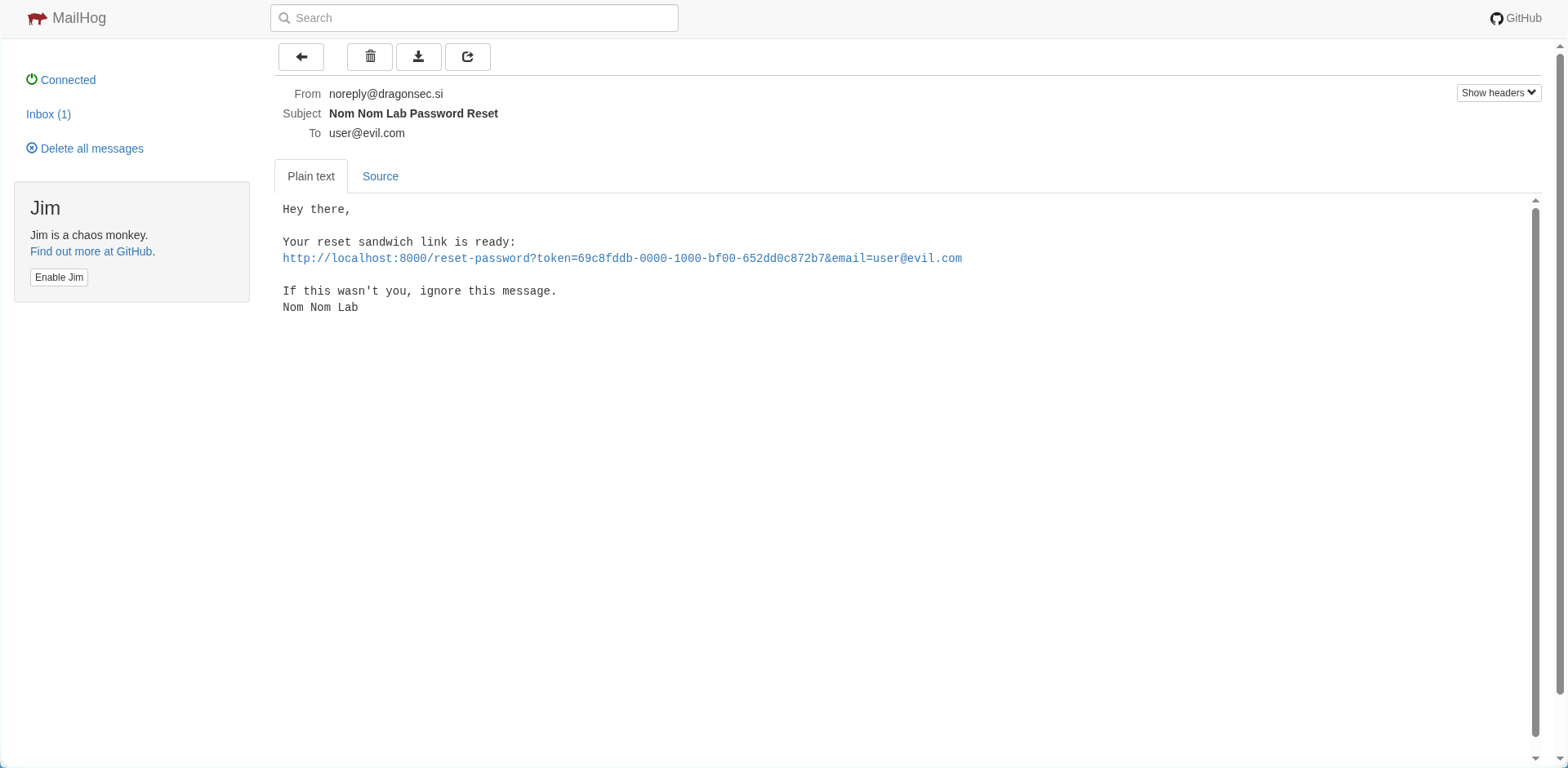 Password reset email with token